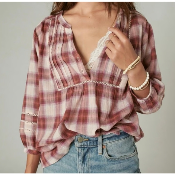 Lucky Brand Women's Plaid Popover Peasant Top Sz XL Boho Lightweight Casual - Picture 2 of 8